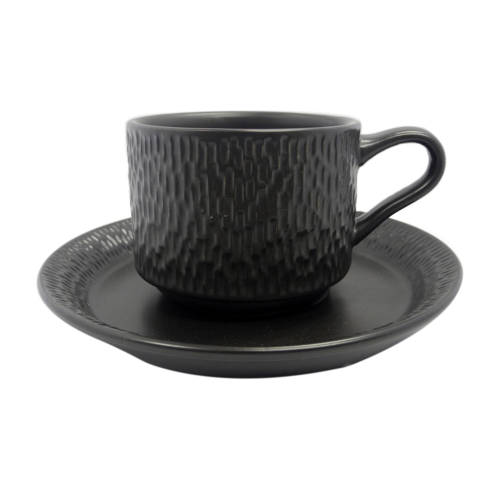 Set de taza para café color negro mate, de 250 ml, con plato de 15 cm de diámetro, de porcelana, PRINZ