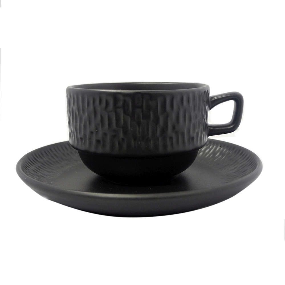 Set de taza para espresso color mate negro, de 120 ml, con plato de 12 cm de diámetro, de porcelana, PRINZ