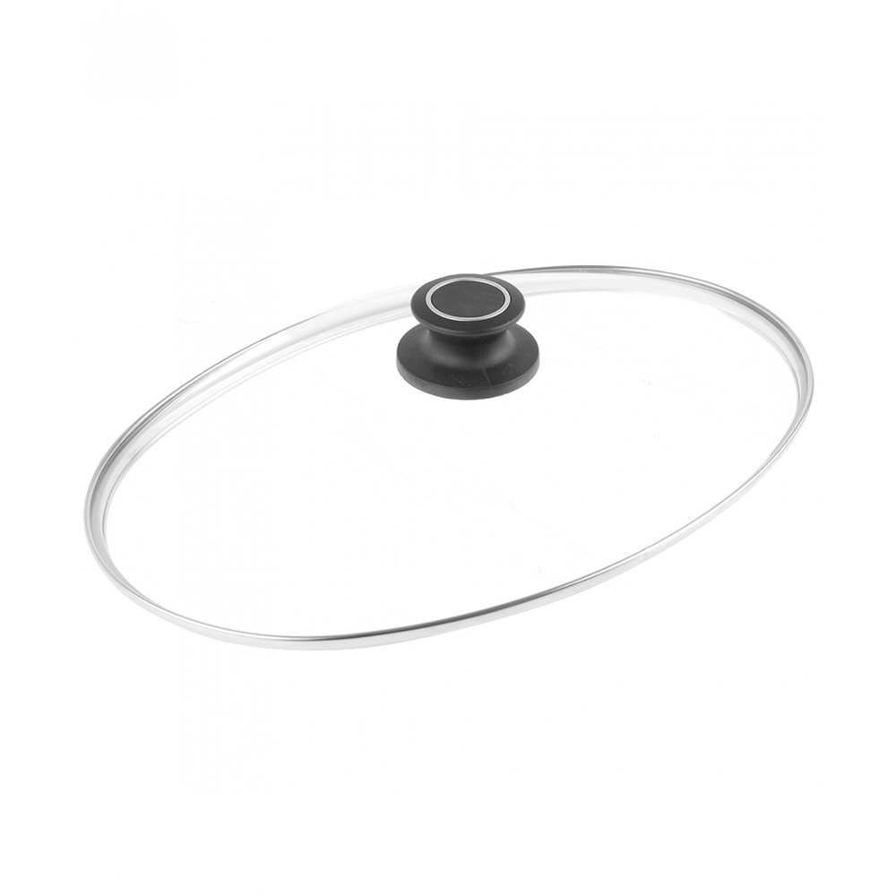 tapa de vidrio oval con perilla negra y borde acero inox 35×24 cm amt