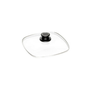 tapa de vidrio cuadrada con perilla negra con borde acero inox 24x24 cm amt