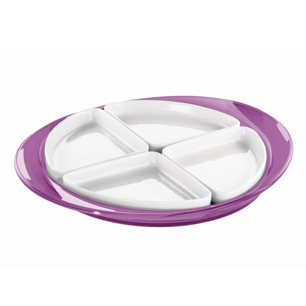 charola con 4 botaneros de porcelana violeta