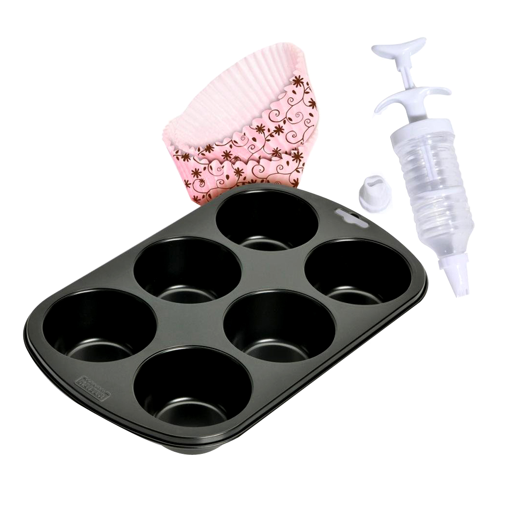 juego para muffins charola para 6 pzs antiadherente 200 capacillos de papel jeringa 2 duyas