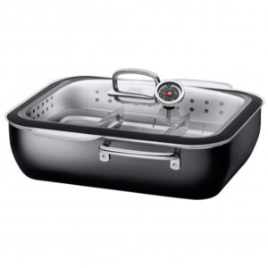 Vaporera y rosticera con tapa de cristal inserto dos divisiones y termómetro negro 35.6 x33,3 cm silit