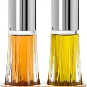 Juego de dispensadores para aceite y vinagre con base de madera de 3 piezas Menage Crystal acero inoxidable
