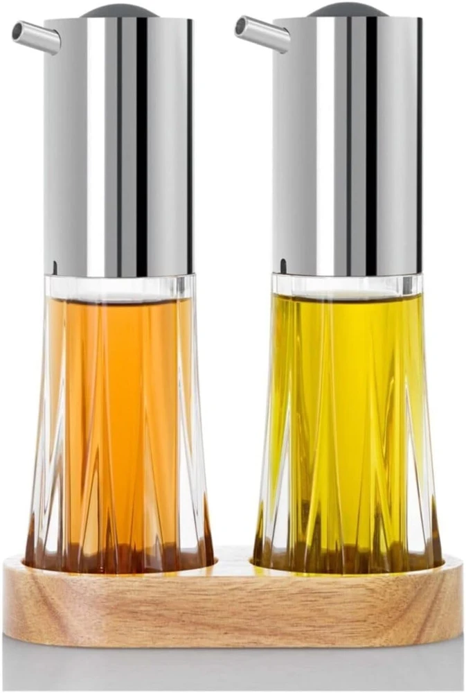 Juego de dispensadores para aceite y vinagre con base de madera de 3 piezas Menage Crystal acero inoxidable