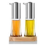 Juego de dispensadores para aceite y vinagre con base de madera de 3 piezas Menage Crystal acero inoxidable