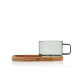 Juego de tazas con base 300 ml de 2 piezas h 6,5 cm de vidrio gris y madera