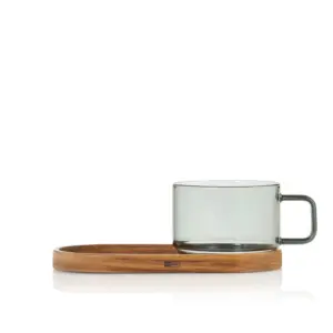 Juego de tazas con base 300 ml de 2 piezas h 6,5 cm de vidrio gris y madera