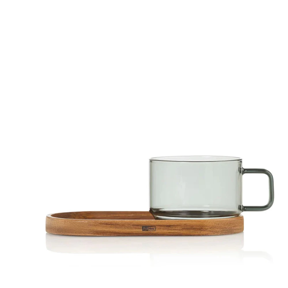 Juego de tazas con base 300 ml de 2 piezas h 6,5 cm de vidrio gris y madera