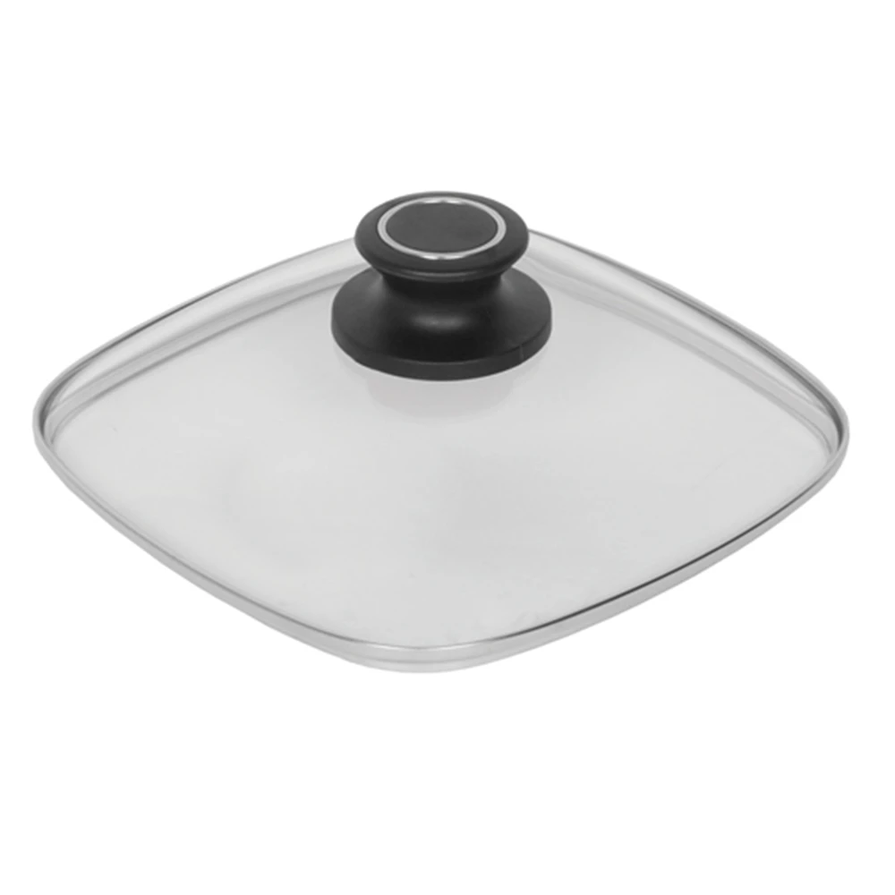 Tapa cuadrada de cristal 24×24 cm perilla negra borde acero inox