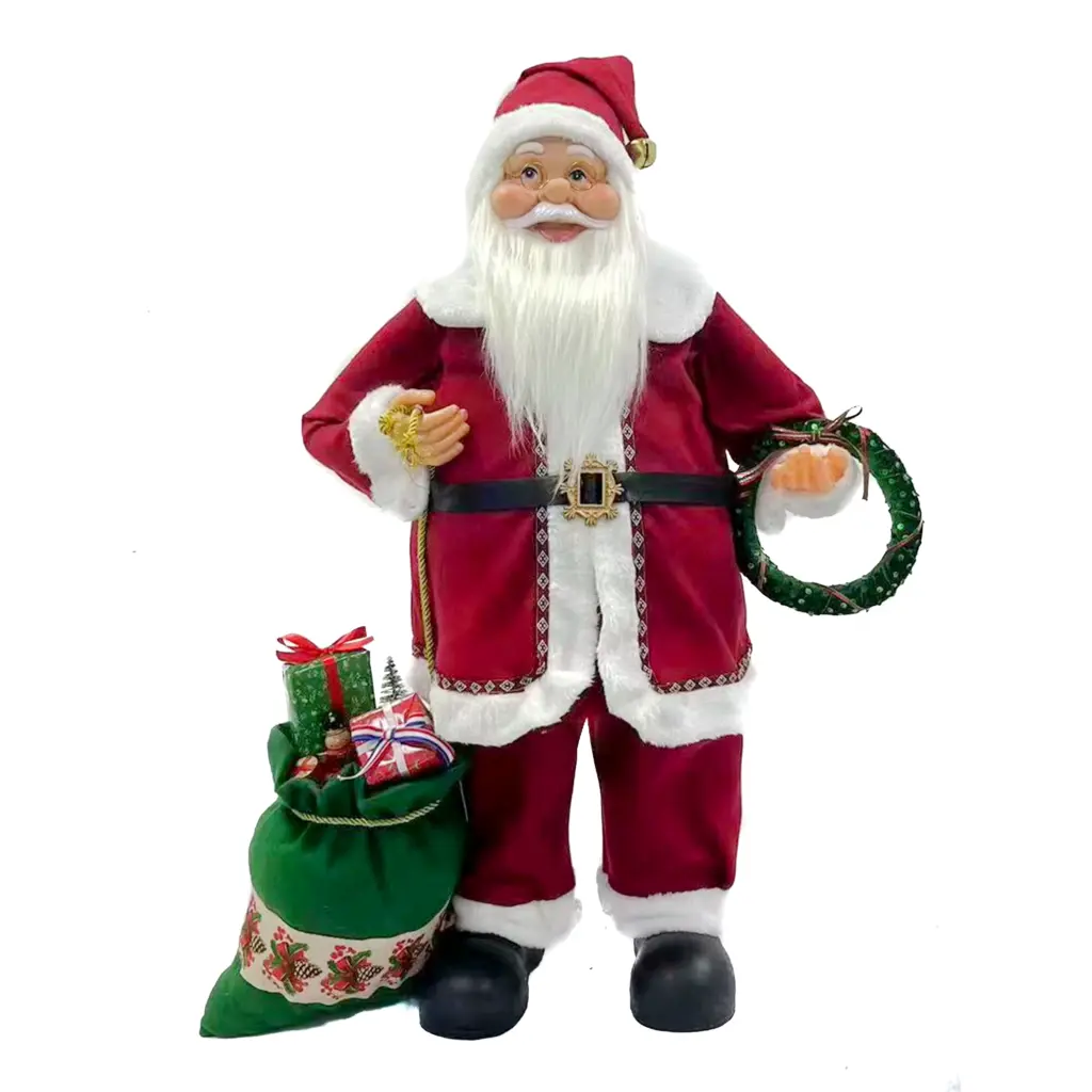 Figura de santa claus de pie de 81 cm con bolsa de regalos y corona navideña en rojo y verde