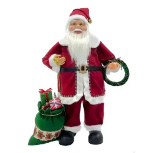 Figura de santa claus de pie de 81 cm con bolsa de regalos y corona navideña en rojo y verde