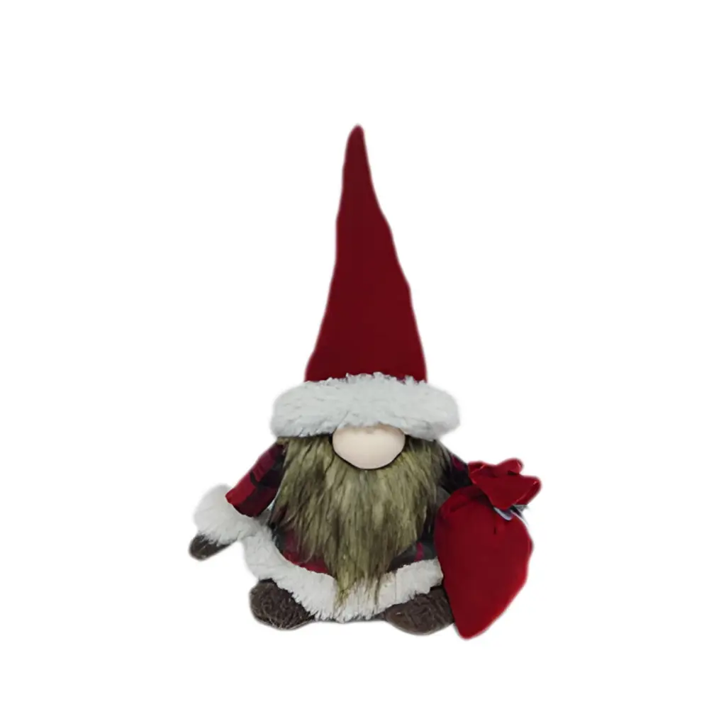 Figura de gnomo de 23 x15 x40 cm con sombrero y bolsa a cuadros en rojo