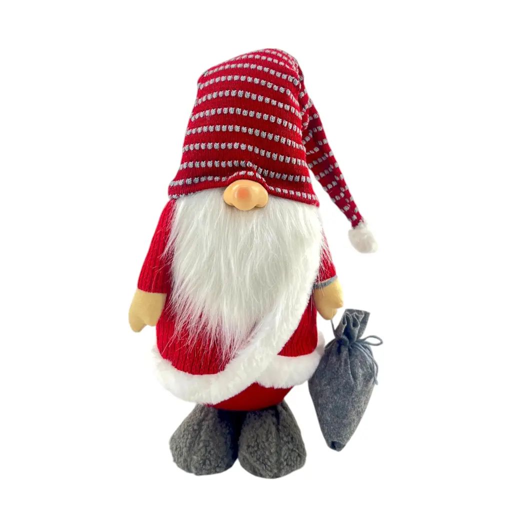 Figura de gnomo de 75 cm con bolsa, gorro y rayas en rojo y gris