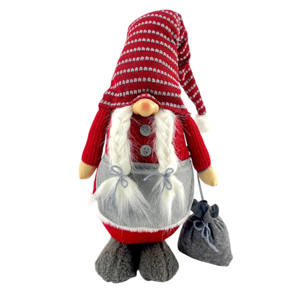 Figura de gnomo femenino de 75 cm con bolsa, gorro y rayas en rojo y gris