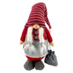 Figura de gnomo femenino de 75 cm con bolsa, gorro y rayas en rojo y gris