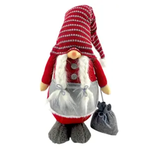 Figura de gnomo femenino de 75 cm con bolsa, gorro y rayas en rojo y gris
