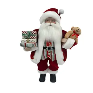 Figura de santa claus de 46 cm con regalos y oso, con abrigo, chaleco a rayas en rojo y blanco