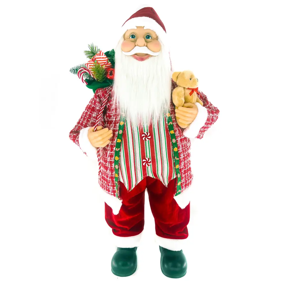 Figura de santa claus de pie de 80 cm con bolsa de regalos y oso en rojo y blanco