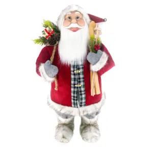 Figura de santa claus de pie de 80 cm con bolsa de regalos y esquíes en rojo y blanco
