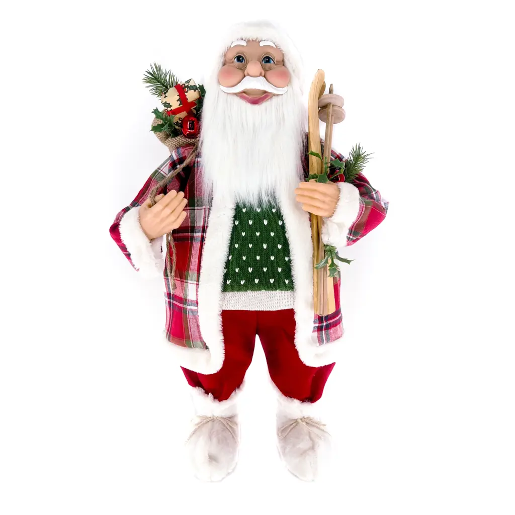 Figura de santa claus de pie de 80 cm con bolsa de regalos y esquíes en rojo y verde
