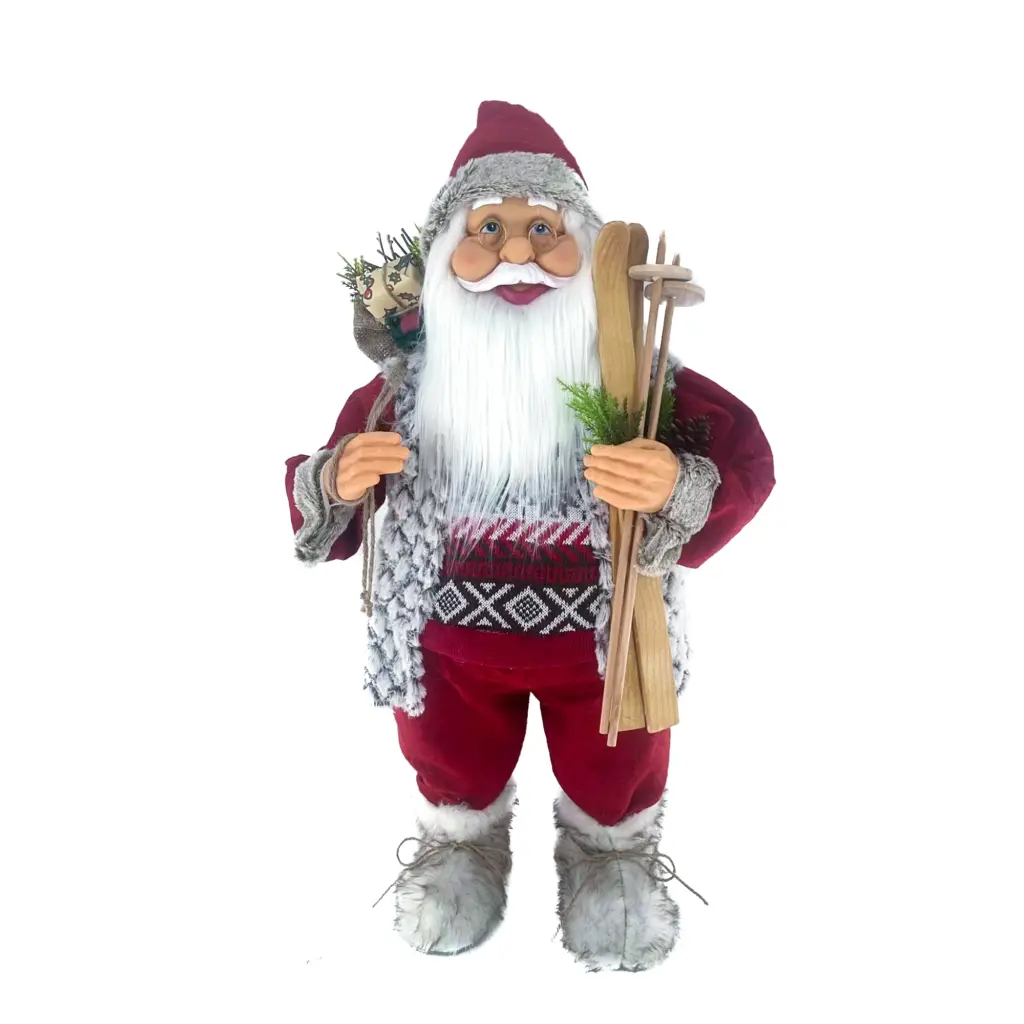 Figura de santa claus de pie de 81 cm con bolsa y esquíes en rojo