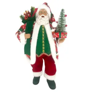 Figura de santa claus de pie de 46 cm con bolsa y caja de regalos en rojo y verde