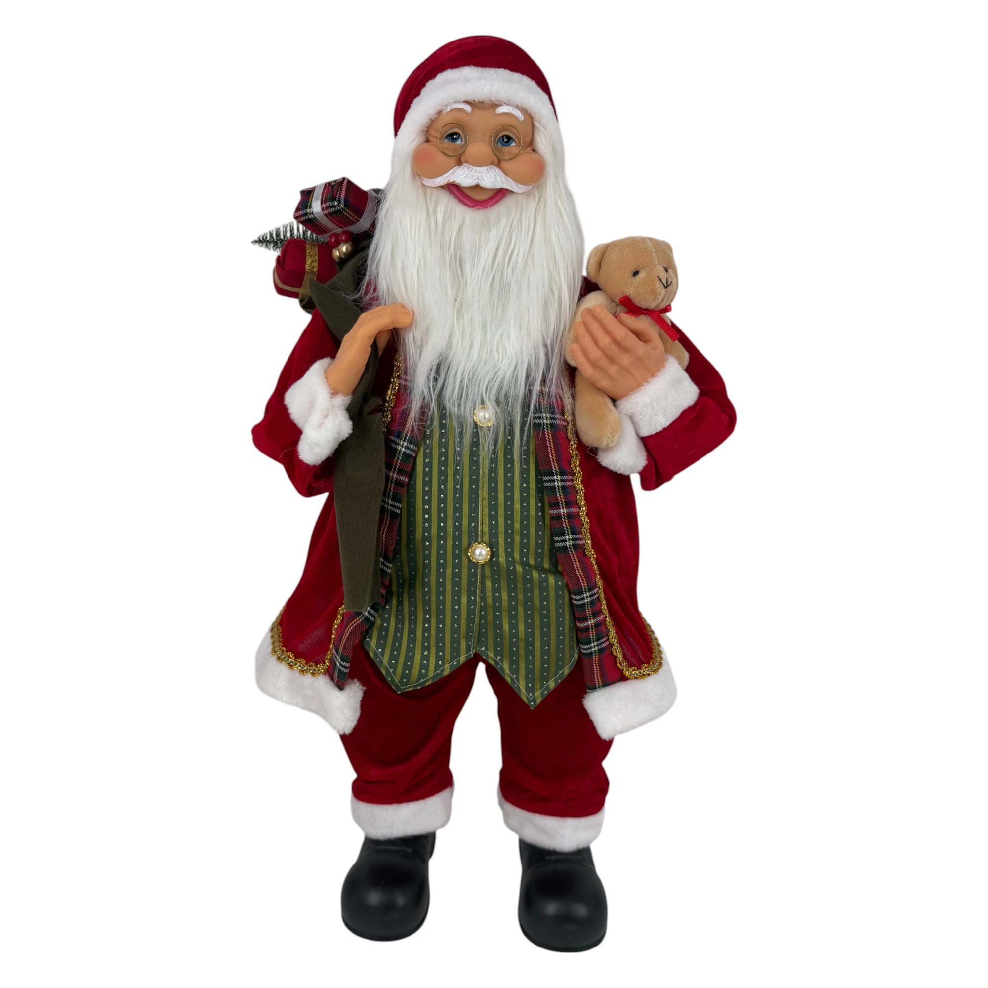 Figura de santa claus de 80 cm con bolsa y oso con chaleco verde - RYSI.NET