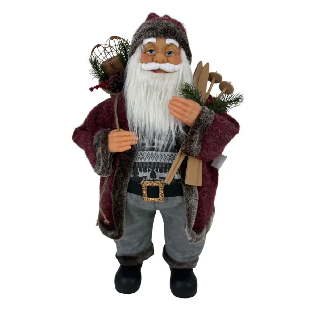 Figura de santa claus de 80 cm con bolsa y esquíes en rojo y gris