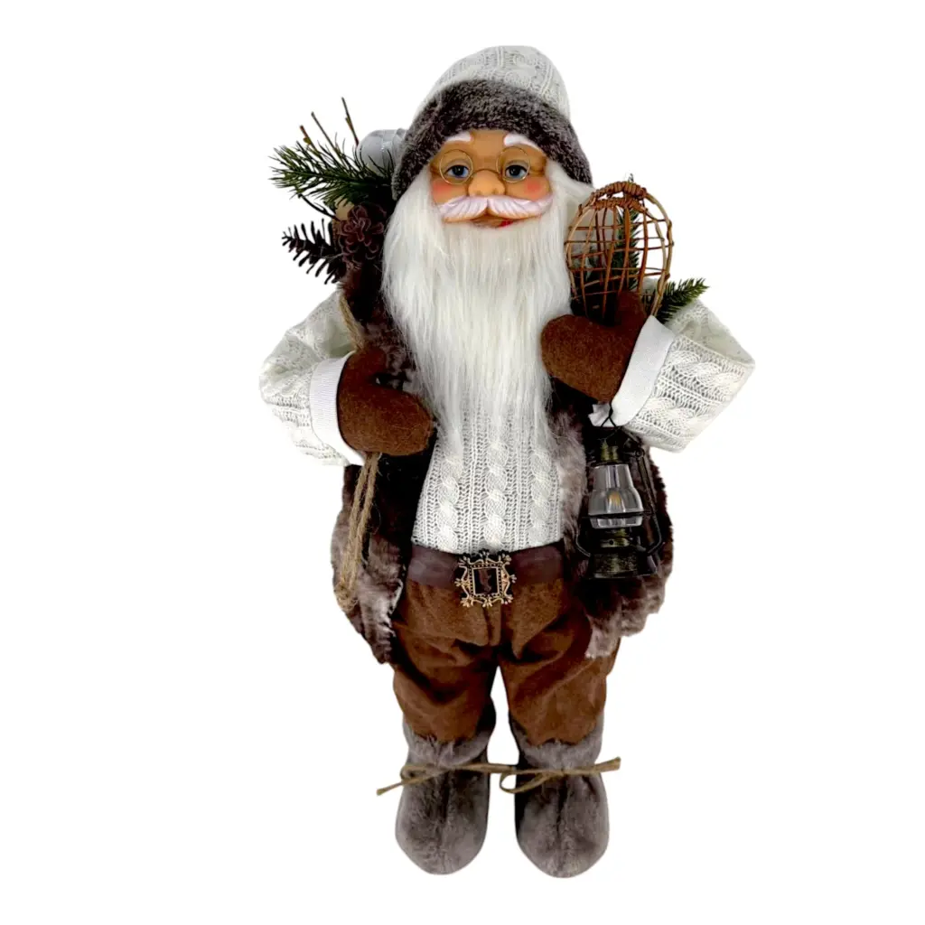 Figura de santa claus de 60 cm con bolsa, linterna y raquetas de nieve en café y blanco