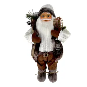Figura de santa claus de 60 cm con bolsa, linterna y raquetas de nieve en café y blanco