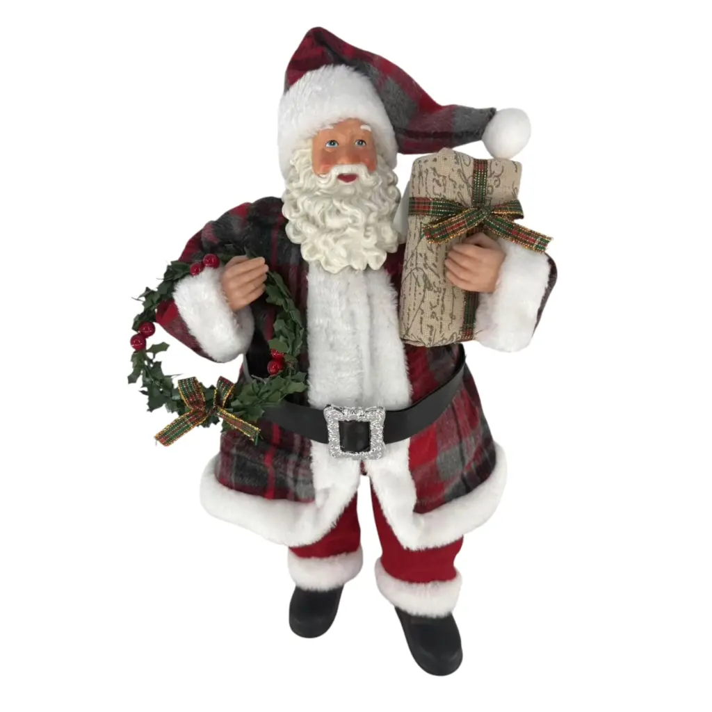Figura de santa claus de 46 cm con regalo y corona, tartán rojo