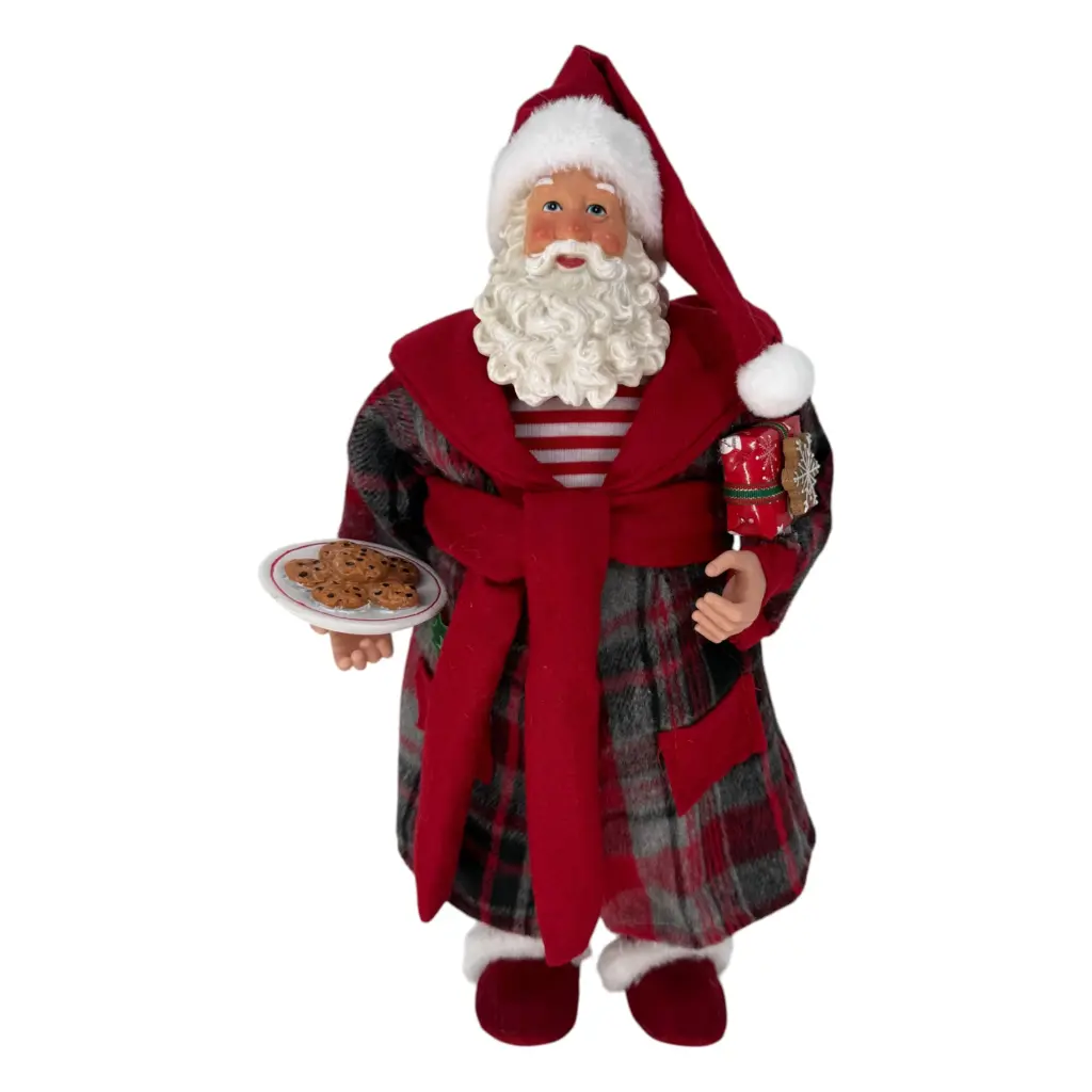 Figura de santa claus de 46 cm con regalo y galletas, tartán rojo