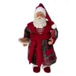 Figura de santa claus de 46 cm con regalo y galletas, tartán rojo