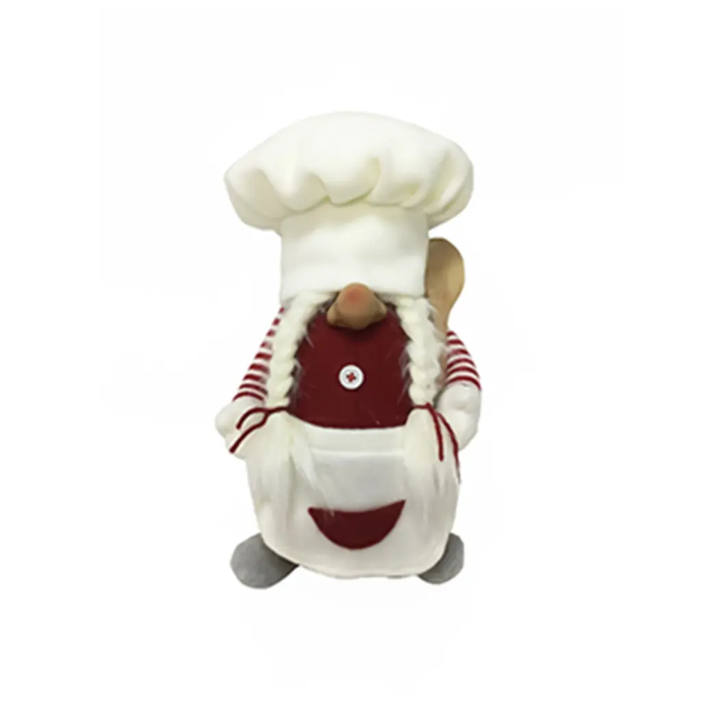 Figura de gnomo femenino chef de 18 x16 x30 cm con cuchara en rojo y blanco