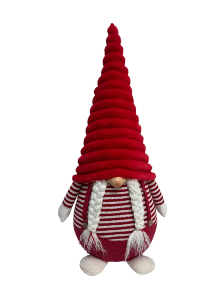 Figura de gnomo femenino de 40 x30 x80 cm con gorro espiral en rojo