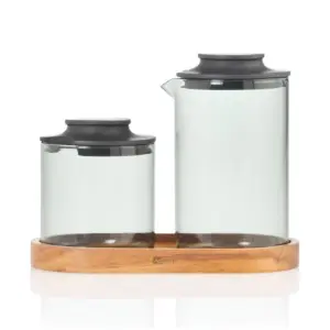 Set Azucarera y Jarra para Leche con Base - 3 Piezas, Vidrio y Madera, ADHOC